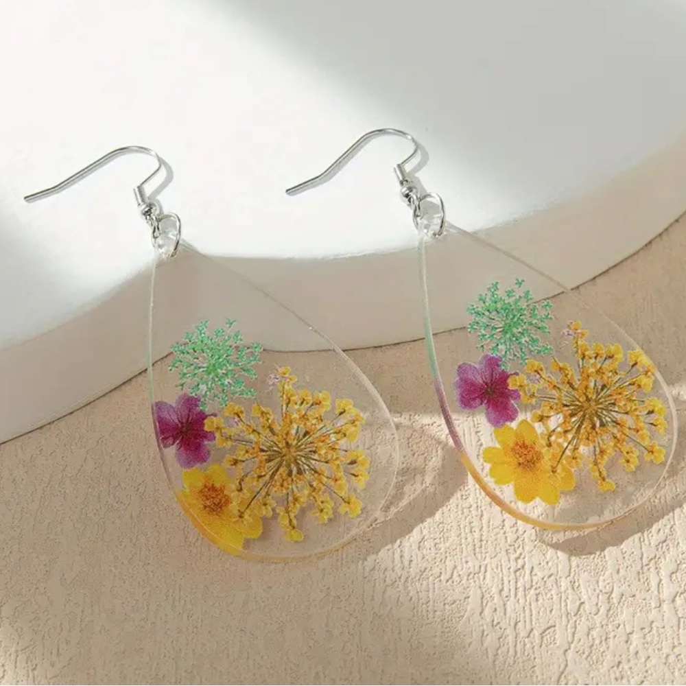 Floral Print Clear Acrylic Water Drop Dangle Earrings